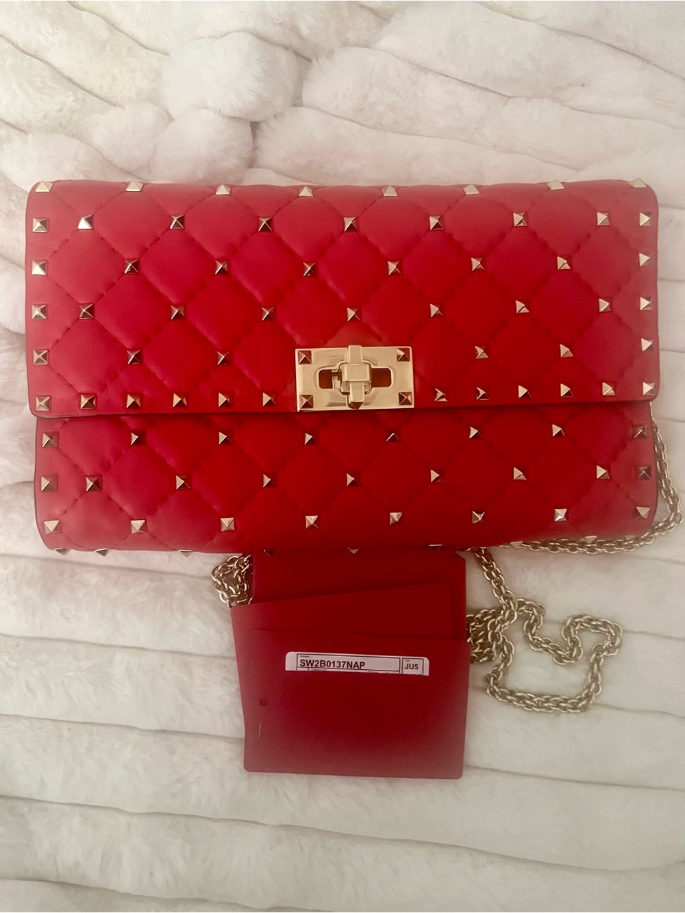 Valentino Red Quilted Rockstud Crossbody with Gold Chain